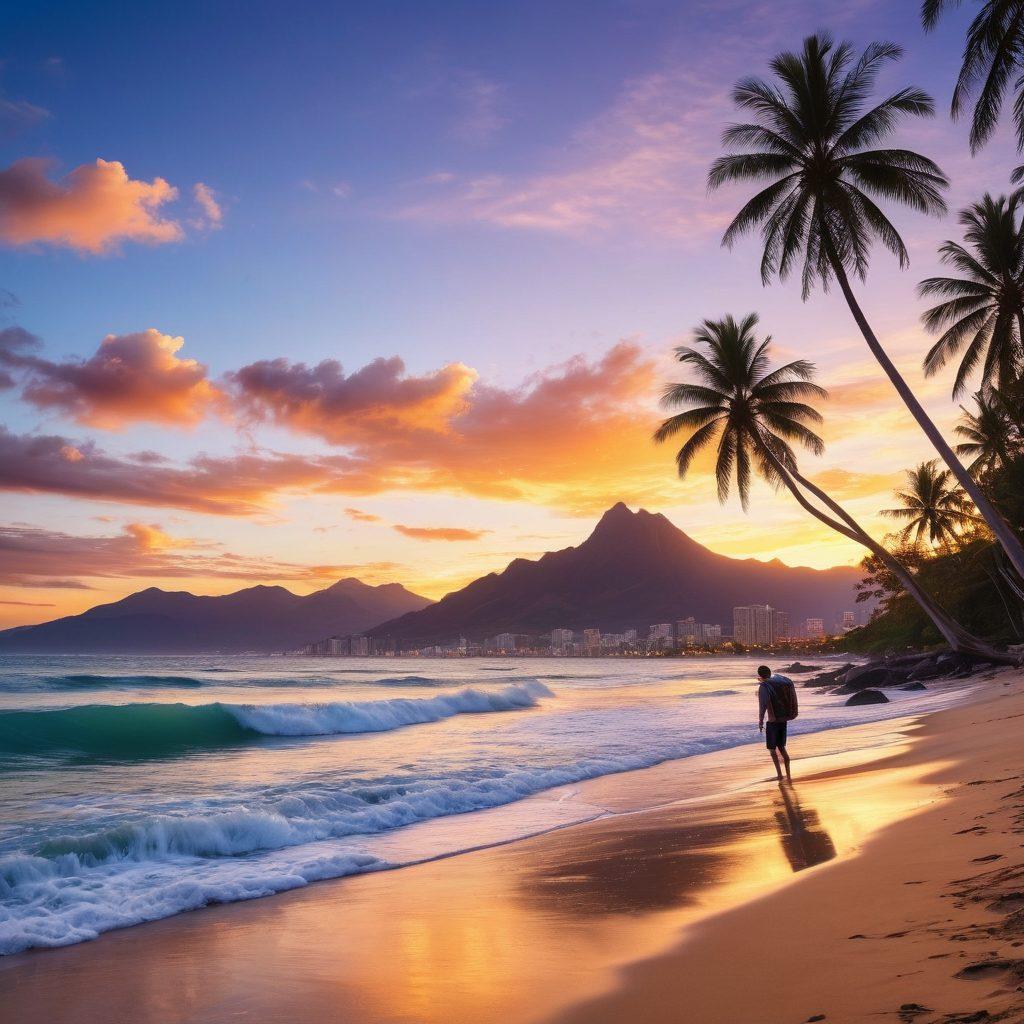 A breathtaking landscape featuring diverse travel destinations: a serene beach with palm trees, a majestic mountain range, and a vibrant city skyline under a colorful sunset. Include a backpacker taking photos, symbolizing exploration and adventure. The scene should evoke wanderlust and joy, with clear blue skies and soft waves lapping at the shore. vibrant colors. super-realistic.
