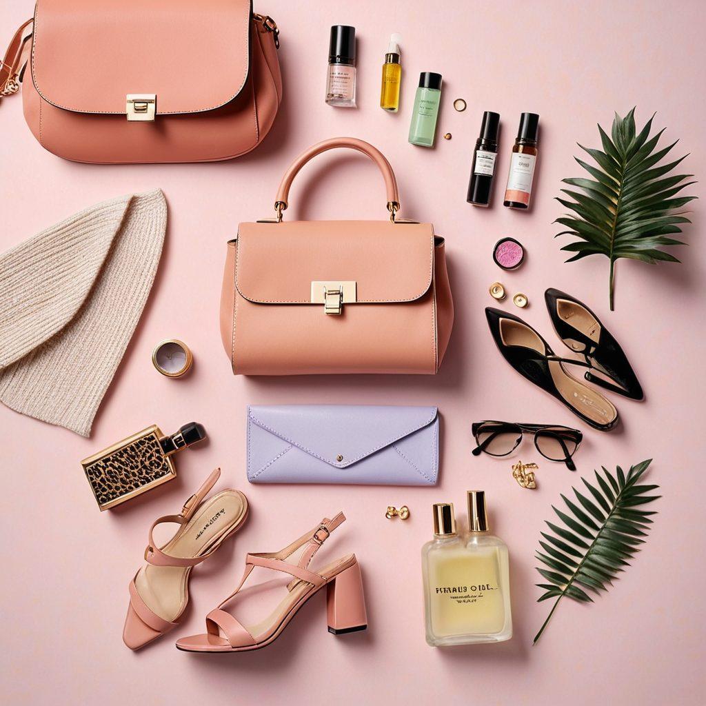 A stylish flat lay featuring high-end fashion items like a designer handbag, elegant shoes, and trendy clothing pieces. Surrounding the fashion elements are luxurious beauty products including skincare, makeup, and wellness items like essential oils and candles. The background is soft and minimalistic, with pastel colors enhancing the overall aesthetic. This composition conveys sophistication and a modern lifestyle. super-realistic. vibrant colors. clean background.